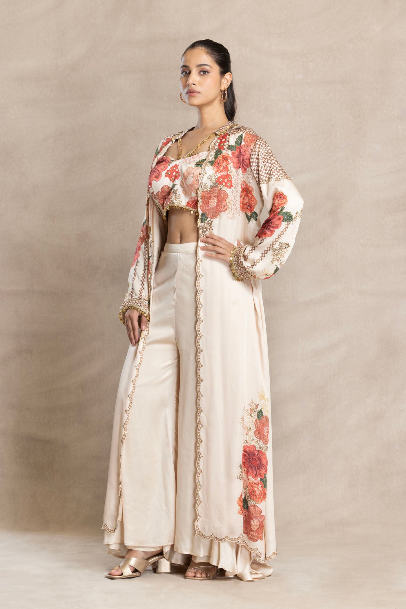 NISA Printed Bustier with Front-Open Jacket and Flared Palazzo