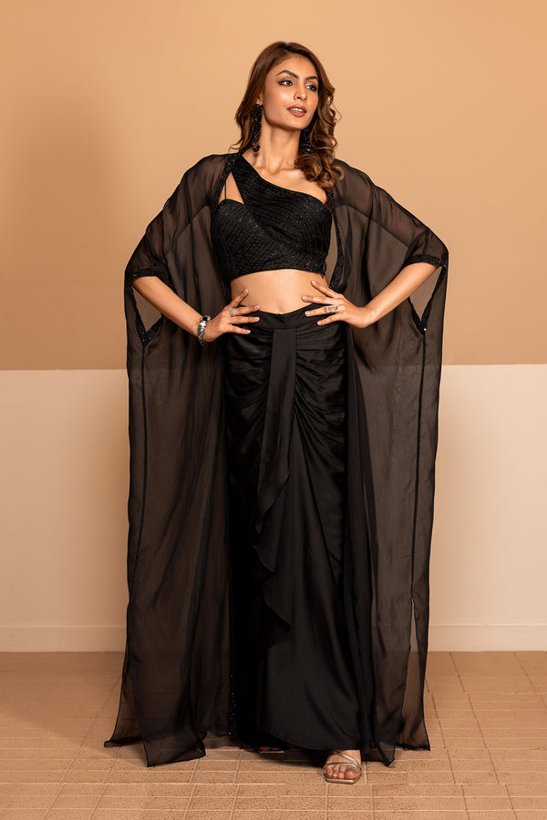 Clara Dhoti And One Shoulder Blouse Set With Cape
