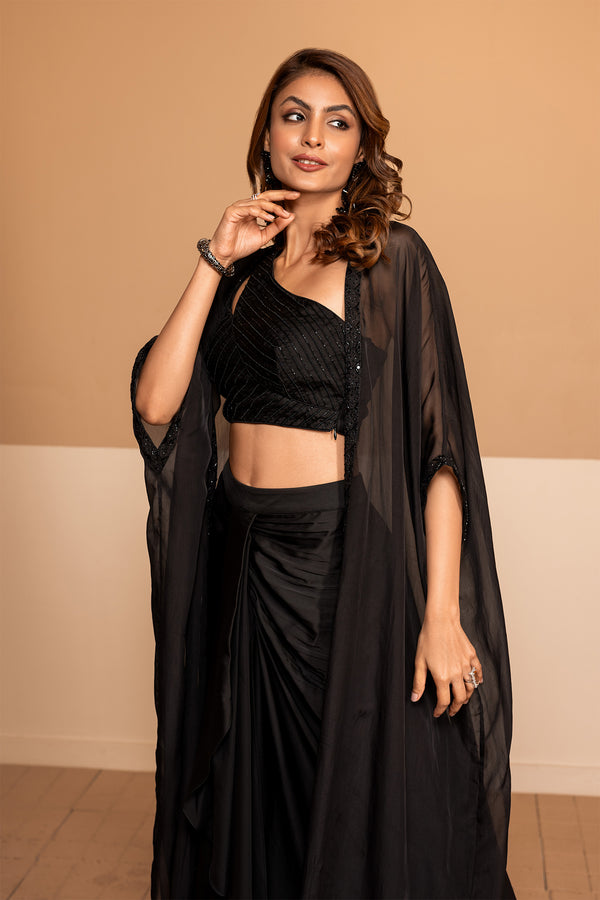 Clara Dhoti And One Shoulder Blouse Set With Cape