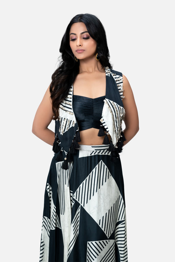 Iris Printed Skirt And Bustier Top Set With Jacket