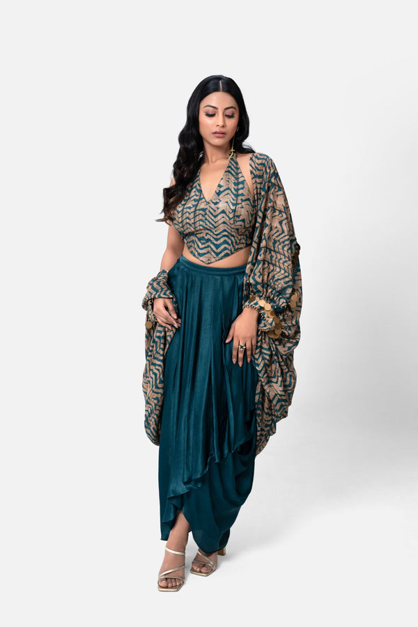 Tulip Dhoti Set With Printed Blouse And Cape